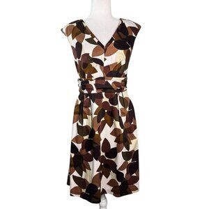 Calvin Klein Sheath Dress Brown Leaf Modern Pattern Back Zip Women's SZ 6